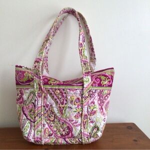 QK Quilted Fabric Tote Handbag Purse Shoulder Bag 7 Pockets Pink/Green